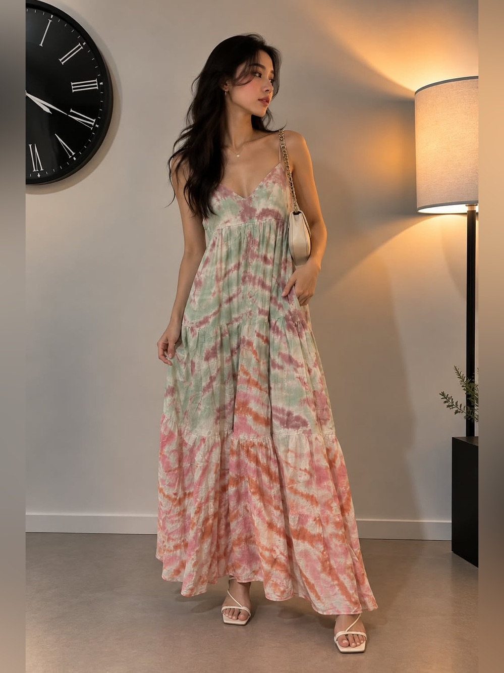 Revolve x YFB Pastel Tie-Dye Spaghetti Strap Maxi Dress - Purple, Green & Orange